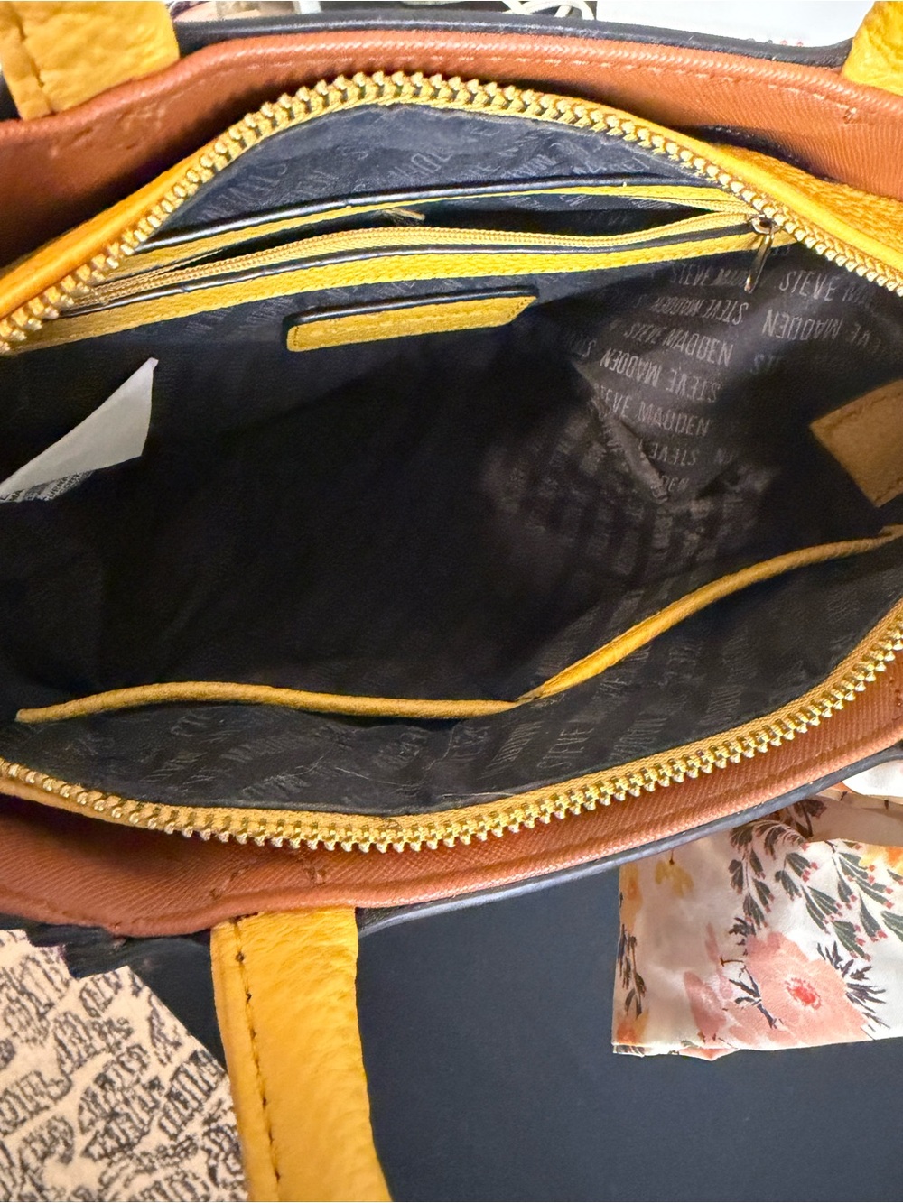 Steve Madden Tan Satchel with Yellow Top Handle and Floral Scarf - Picture 9 of 10